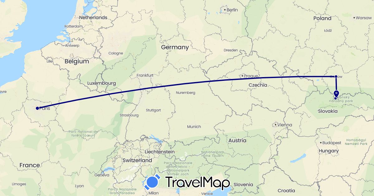 TravelMap itinerary: driving in France, Poland, Slovakia (Europe)